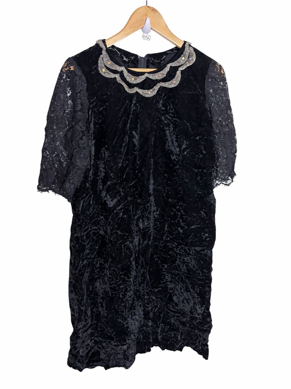 Vintage Black crushed Velvet Cocktail Dress with Lace Sleeves and Beaded Collar